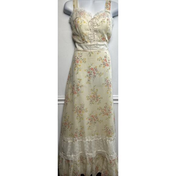 Unbranded Dresses & Skirts - VTG 70’s Maxi Sundress L Floral Lace Cottage Core Fairy Hippie Prairie Yelllow